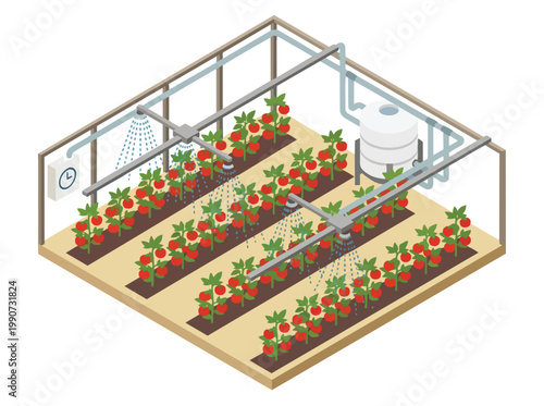Isometric smart agriculture in a greenhouse with automated irrigation system