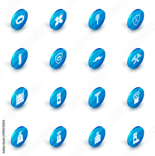 Set Crossed electrical hair clipper or shaver, Hairbrush, Scissors hairdresser and shield, Classic Barber shop pole, Glass of whiskey ice cubes, Mustache beard on, shaving razor and icon. Vector