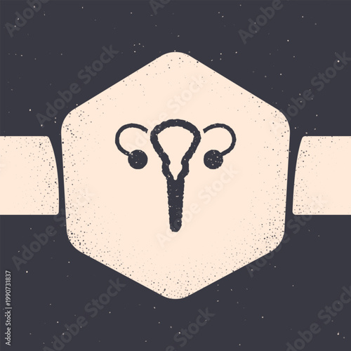 Grunge Female reproductive system icon isolated on grey background. Anatomy. Gynecology. Woman health. Monochrome vintage drawing. Vector