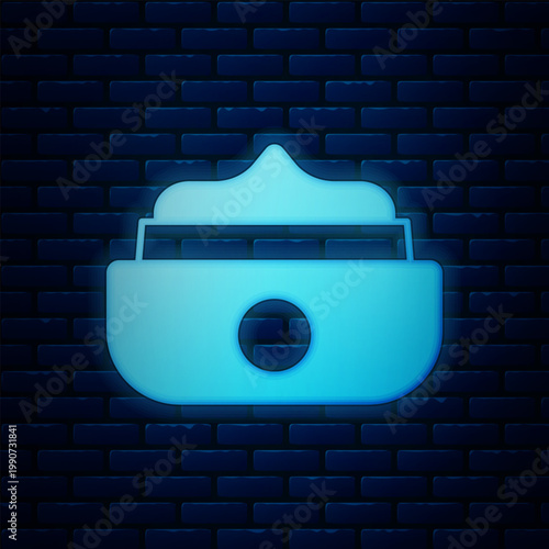 Glowing neon Gel or wax for hair styling icon isolated on brick wall background. Hair cosmetic. Jar with product for styling hair and mustache. Vector