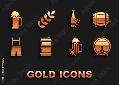 Set Metal beer keg, Wooden barrel on rack with stopcock, Glass of and hop, Lederhosen, Beer bottle, and Cereals set rice, wheat, corn, oats, rye, barley icon. Vector