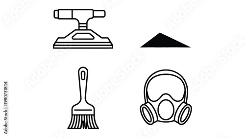 Tools for Safety and Cleaning: A collection of essential tools for cleaning and safety, including a vacuum cleaner, a triangle, a brush, and a gas mask, presented in a clean and organized manner. 