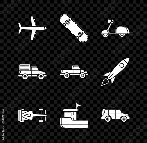 Set Plane, Skateboard, Scooter, Formula race car, Fishing boat, Off road, Delivery cargo truck vehicle and Pickup icon. Vector