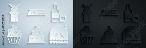 Set Cake, Glass bottle with milk and glass, Cupcake, Brick stove, Electronic scales and Windmill icon. Vector