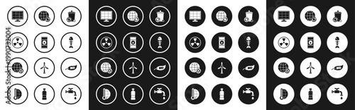 Set Recycle bin with recycle symbol, Oil barrel line, Radioactive, Solar energy panel, Fish skeleton, Planet earth and recycling, Leaf Bio and icon. Vector