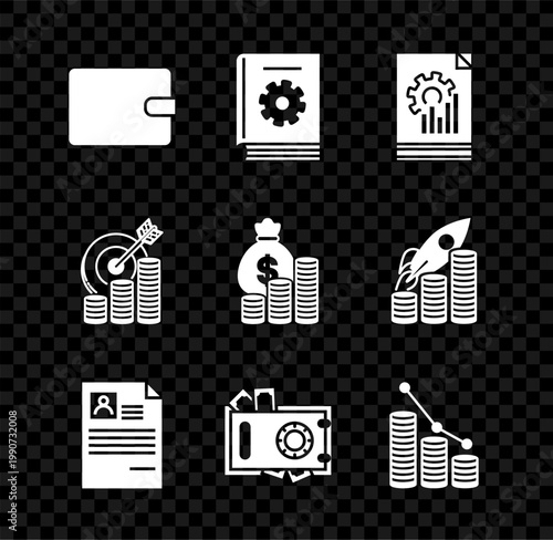 Set Wallet, User manual, Document with graph chart, Resume, Safe and money, Pie infographic coin, Target symbol and Money bag icon. Vector