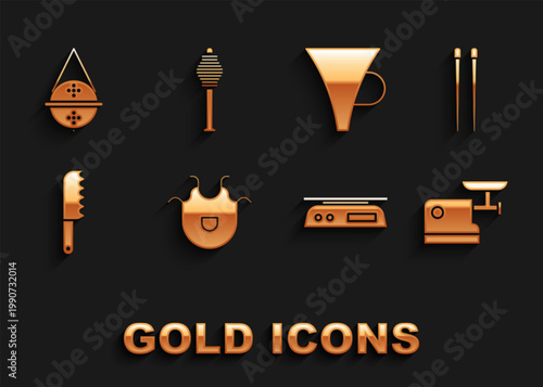 Set Kitchen apron, Food chopsticks, meat grinder, Electronic scales, Bread knife, Funnel or filter, Ball tea strainer and Honey dipper icon. Vector