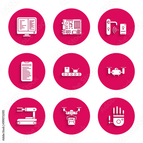 Set Conveyor belt with cardboard box, Mechanical robot hand, flying action camera, Robot, Computer api interface, Digital door lock wireless technology for unlock and monitor screen icon. Vector