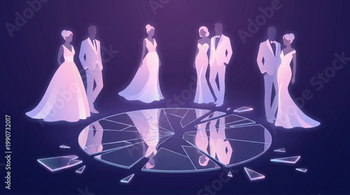 Couples in elegant attire stand around a broken mirror.