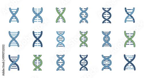 The DNA double helix model is depicted in various blue and green icons.