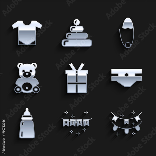 Set Gift box, Carnival garland with flags, Baby absorbent diaper, bottle, Teddy bear plush toy, Classic steel safety pin and onesie icon. Vector