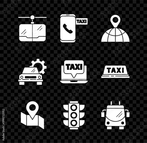 Set Cable car, Taxi call telephone service, Location the globe, Folded map with location marker, Traffic light, Trolleybus, Car and Laptop taxi icon. Vector