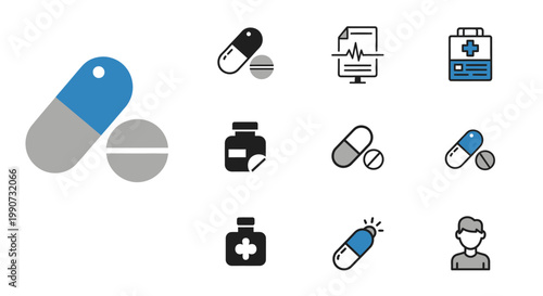 Medical icons depicting various pills and a doctor in a health setting.