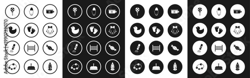 Set Baby potty, footprints, Rubber duck, Lollipop, Happy little girl head, Classic steel safety pin, Candy and Wax crayon for drawing icon. Vector