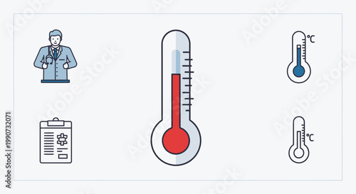 Doctor checks temperature with thermometer and clipboard in office