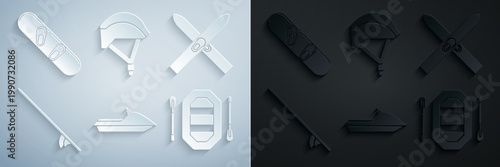Set Jet ski, Ski and sticks, Surfboard, Rafting boat, Bicycle helmet and Snowboard icon. Vector