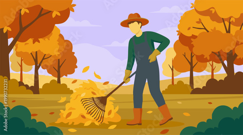 Man raking vibrant autumn leaves into a large pile in a park or garden.