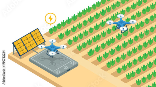 Isometric smart agriculture drones monitor crops powered by solar energy on a smartphone platform