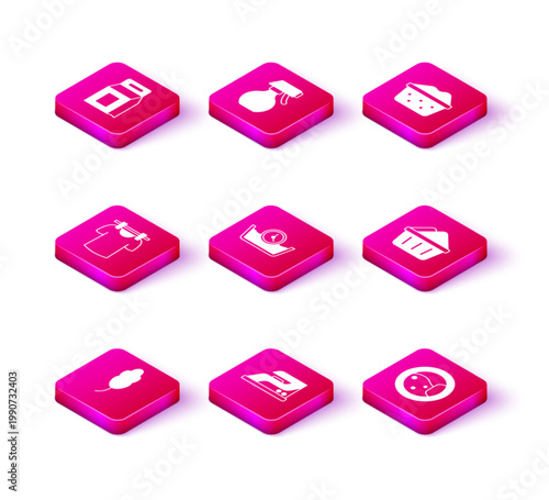 Set Feather, Electric iron, Drying clothes, Time wash, Washer, Basin with soap suds, and Water spray bottle icon. Vector