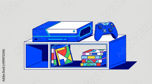 Modern Gaming Console and Accessories on Shelf.