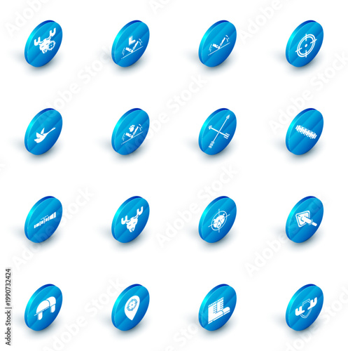 Set Trap hunting, Target sport for shooting competition, Flying duck, Sniper optical sight, Hunting cartridge belt with cartridges and Crossed arrows icon. Vector