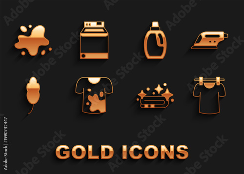 Set Dirty t-shirt, Electric iron, Drying clothes, Towel stack, Feather, Bottle for cleaning agent, Water spill and Washer icon. Vector