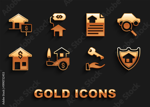 Set House with dollar, Car sharing, shield, key, contract, and icon. Vector