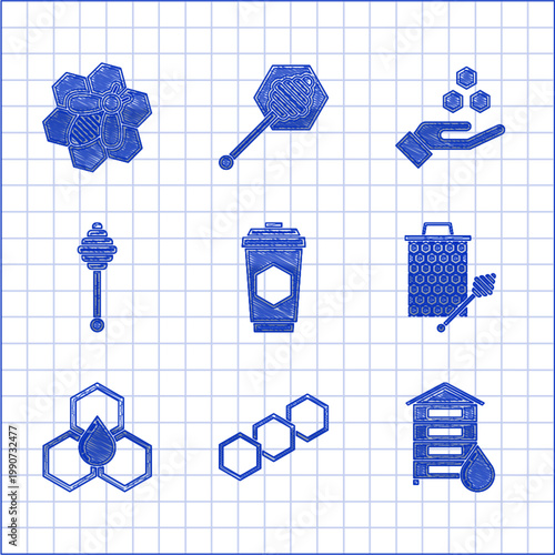 Set Cup of tea with honey, Honeycomb, Hive for bees, dipper stickicon, and hand and Bee honeycomb icon. Vector