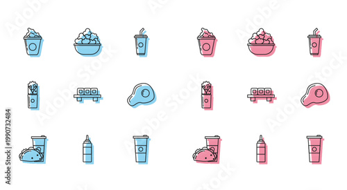 Set line Paper glass and taco with tortilla, Sauce bottle, Popcorn in cardboard box, water, Sushi on cutting, Scrambled eggs, Doner kebab and bowl icon. Vector