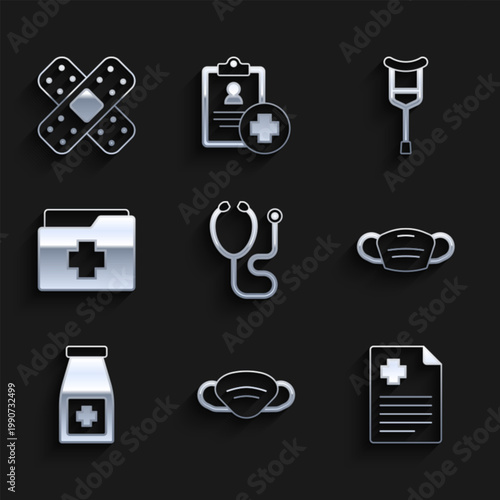 Set Stethoscope, Medical protective mask, Patient record, Medicine bottle and pills, Crutch crutches and Crossed bandage plaster icon. Vector