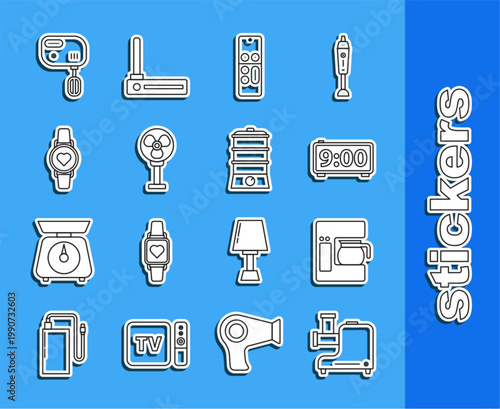 Set line Kitchen meat grinder, Coffee machine with glass pot, Digital alarm clock, Remote control, Electric fan, Smart watch showing heart beat rate, mixer and Double boiler icon. Vector