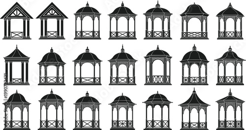 Gazebo Icon Set Featuring Various Architectural Styles and Designs for Outdoor and Garden Spaces