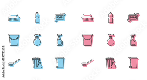 Set line Toilet brush, Trash can and garbage bag, Brush for cleaning, Cleaning spray bottle with detergent liquid, Bucket and Plastic bottles dishwashing icon. Vector
