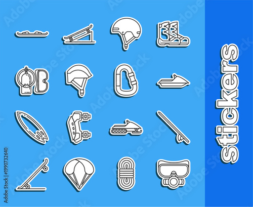Set line Diving mask, Surfboard, Jet ski, Helmet, Bicycle helmet, and aqualung, Snowboard and Carabiner icon. Vector