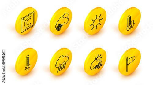 Set line Cone meteorology windsock wind vane, Windy weather, Cloud with rain, Thermometer, Sun, snow and sun and Celsius icon. Vector