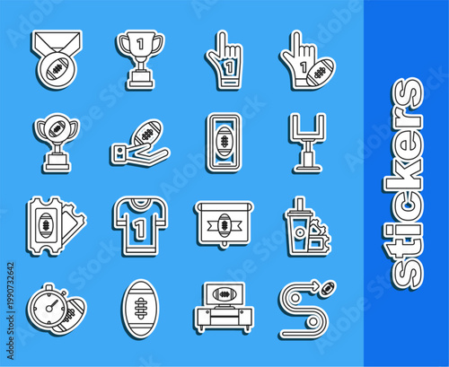 Set line Planning strategy concept, football goal post, Number 1 one fan hand glove finger raised, Award cup, medal and Smartphone american the screen icon. Vector