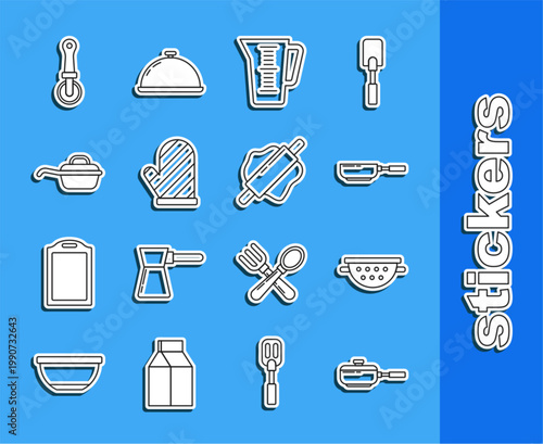 Set line Frying pan, Kitchen colander, Measuring cup, Oven glove, Pizza knife and Rolling pin icon. Vector