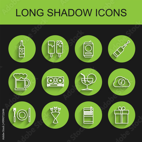 Set line Plate, fork and knife, Bouquet of flowers, Beer bottle, Open cigarettes pack box, Gift, DJ remote playing mixing music, Music streaming service and Martini glass icon. Vector