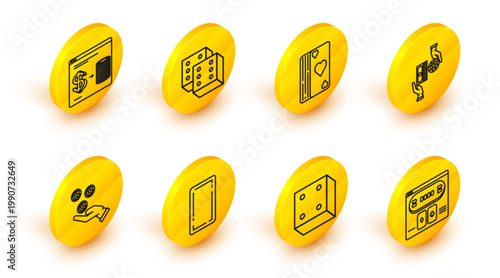 Set line Online poker table game, Game dice, Playing card back, Hand holding casino chips, Casino exchange on stacks of dollars, Deck playing cards, and icon. Vector