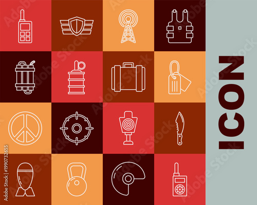 Set line Walkie talkie, Military knife, dog tag, Radar, Hand grenade, Detonate dynamite bomb stick, and ammunition box icon. Vector