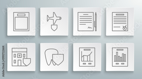 Set line Medical hospital building with shield, Plane, Tooth, Document graph chart, Contract pen, Confirmed document and check mark and Empty form icon. Vector