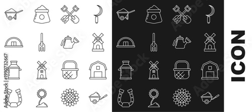 Set line Wheelbarrow with dirt, Farm House concept, Windmill, Shovel and rake, Garden, Hangar, and Watering can icon. Vector