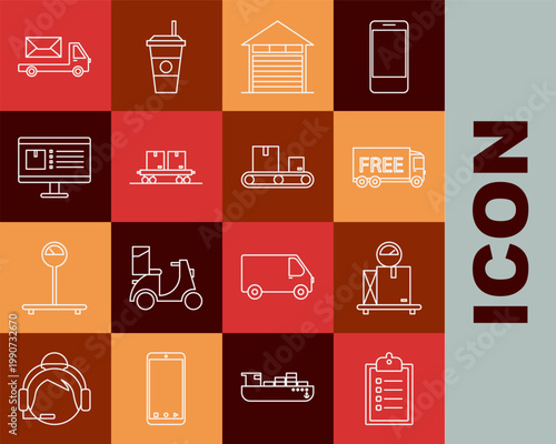 Set line Verification of delivery list clipboard, Scale with cardboard box, Free service, Closed warehouse, Railway carriage, Computer monitor app tracking, Post truck and Conveyor belt icon. Vector