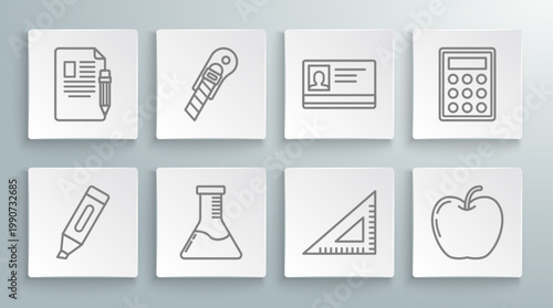 Set line Marker pen, Stationery knife, Test tube and flask chemical laboratory, Triangular ruler, Apple, Identification badge, Calculator and Exam sheet pencil with eraser icon. Vector