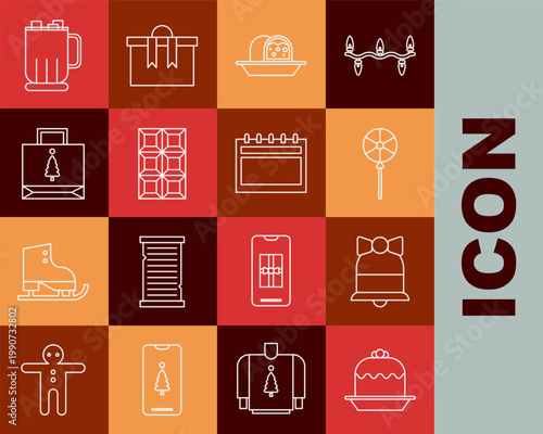 Set line Cake, Merry Christmas ringing bell, Lollipop, Marzipan sponge cake, Chocolate bar, paper shopping bag, Hot chocolate cup with marshmallows and Calendar icon. Vector