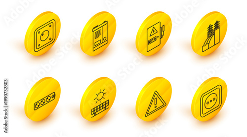Set line Electrical outlet, Exclamation mark in triangle, Solar energy panel and sun, extension cord, Nuclear power plant, Car battery and light switch icon. Vector