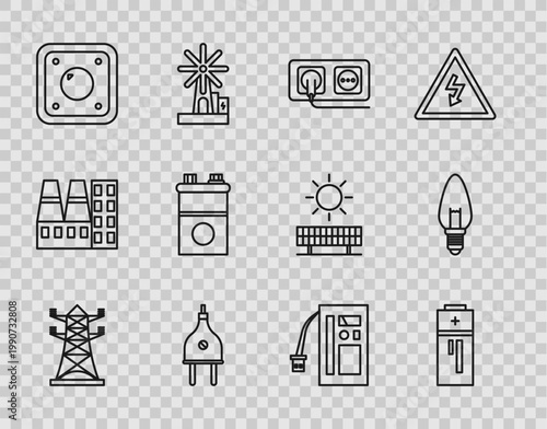 Set line High voltage power pole line, Battery, Electrical outlet, plug, light switch, Car battery, and Light bulb icon. Vector