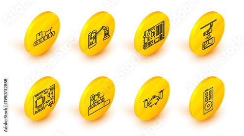 Set line Remote control, Wireless Controlling CCTV security, Electronic computer components motherboard digital chip, Industrial machine robotic robot arm hand and Conveyor cardboard box icon. Vector
