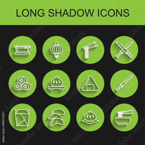 Set line Rstaurant opened take out box filled, Chinese fortune cookie, Traditional Japanese katana, Khinkali cutting board, Asian noodles bowl and chopsticks, Dumpling, and Sushi icon. Vector