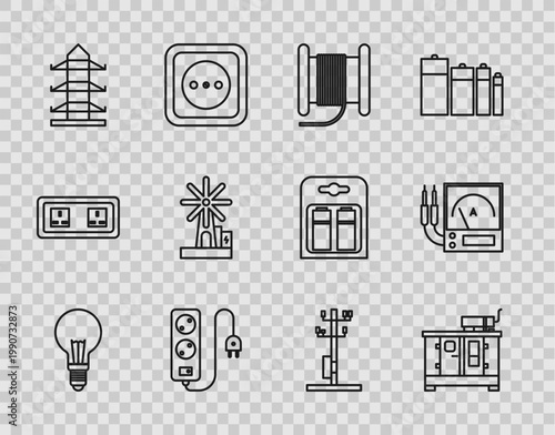 Set line Light bulb with concept of idea, Wire electric cable reel drum, Electric extension cord, High voltage pole line, Wind turbine, and Ampere meter, multimeter, voltmeter icon. Vector
